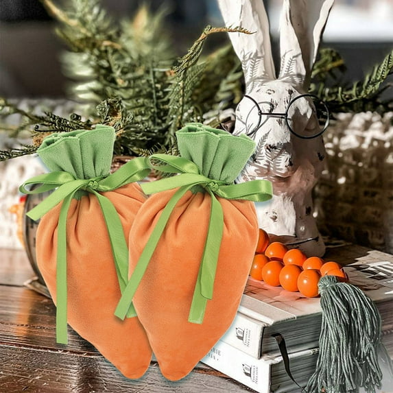 PATLOLLAV 2Pcs Easter Carrot Candy Drawstring Bags ,5" x 7" Carrot Shaped Fabric Treat Gift Bags for Spring Easter Basket Stuffers Egg Hunt Outdoor Party Supplies