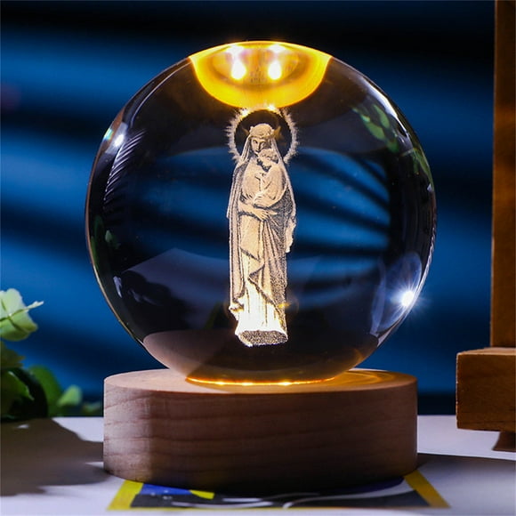 PATLOLLAV 3D Crystal Virgin Jesus Statue Religious Night Light, Christian Laser Engrave Religious Figurine Mother's Day Ornaments Decor with Wooden Base Catholic Gifts Women Friends Faith