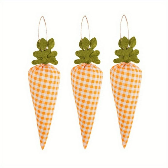 PATLOLLAV 3Pcs Yellow and White Plaid Easter Carrot Hanging Ornament Artificial Mini Carrots Rustic Spring Pendant Decorations Bunny Carrot Fabric Wall Ornament for Wall Fireplace Window Decors