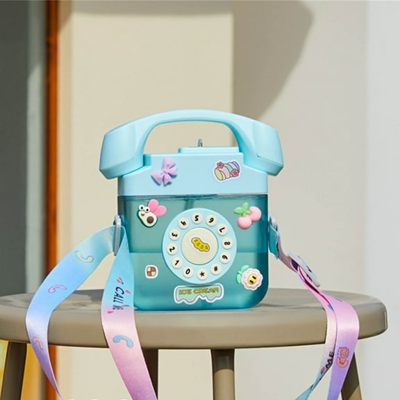 PATLOLLAV 400ml Creative Retro Telephone Shape Water Bottle with Adjustable Shoulder Strap, Kawaii Leak Proof Drinking Bottles with 1 Pack 3D Sticker Suitable for Kids Outdoor Travel Sport