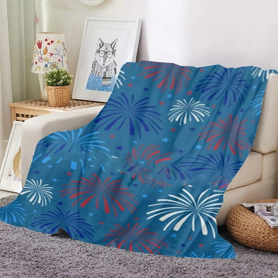 PATLOLLAV 4th of July Patriotic Fuzzy Blanket Red White Blue Firework Star Throw Blanket Soft Cozy Flannel Blanket for Home Bed Sofa Couch Chair(39.3×59.05in)