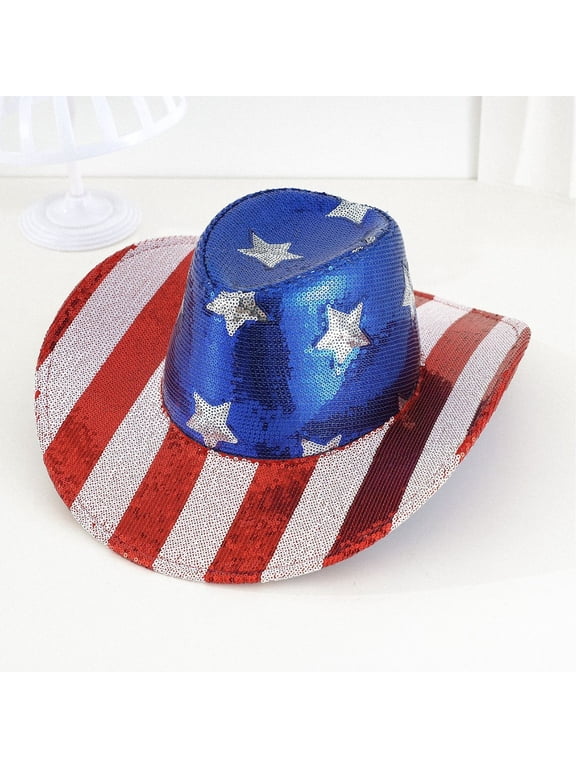 4th of July Sequin Cowboy Hat, Patriotic USA Flag Pattern Cowboy Hat Breathable Lightweight Cowboy Hat for Men Women Independence Day Memorial Day Election Events