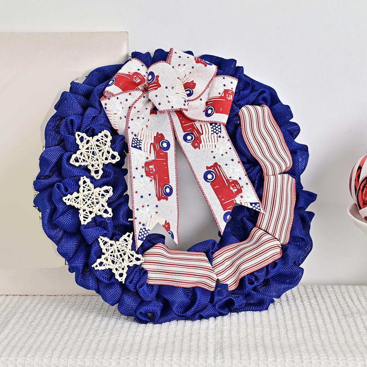 PATLOLLAV 4th of July Wreath with Bow Decor, Blue Burlap Wreath with 3D