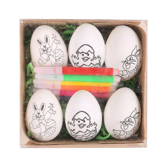 PATLOLLAV 6 Pcs Easter Eggs DIY Painting Kit, Paintable Easter Egg Hunt Basket Stuffers with 6 Color Pens, Easter Egg Craft Kit Gifts for Kids, Boys, Girls,White Bunny