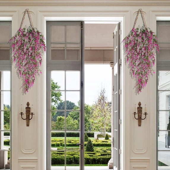 PATLOLLAV Artificial Hanging Plants Faux UV Resistant Flowers,Fake Lavender,Faux Hanging Vines Wall Plants UV Resistant Fake Hanging Lavender Greenery Decor for Indoor Outdoor Porch Arch