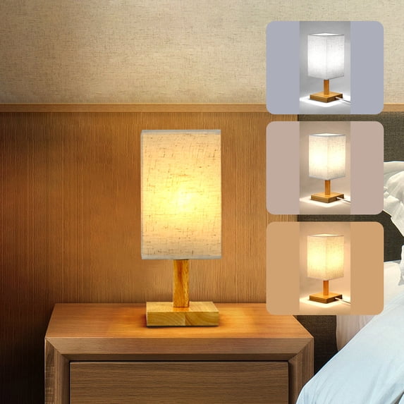 PATLOLLAV Beside Table Lamp with USB Port for Bedroom - 5 Way Dimmable Nightstand Lamp with Round Flaxen Fabric Shade LED Bulb Included for Living Room Office Dorm,Solid Wood,LED Bulb Included (A)