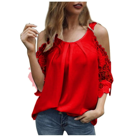 PATLOLLAV Womens Tops Round-Neck Solid Lace Short Sleeve T-Shirt Hollow Out Blouse