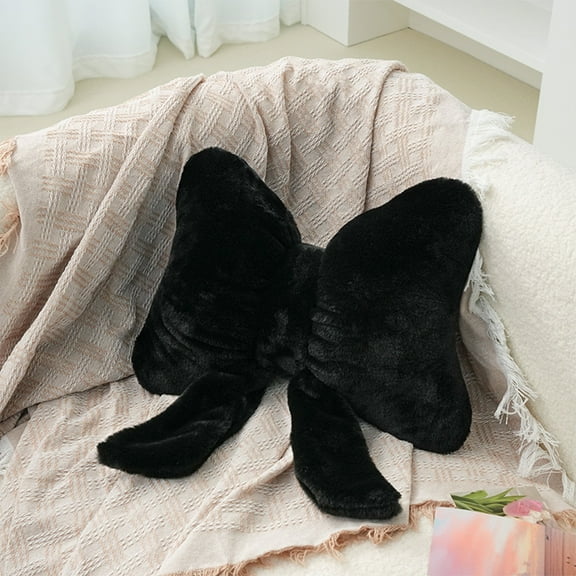 PATLOLLAV Black Plush Bow Throw Pillow,Decorative Throw Pillows for Bed Couch,Bow Shaped Pillow Plush Floor Cushions Room Decor Pillow with Faux Rabbit Fur for Sofa Bedroom Living Room