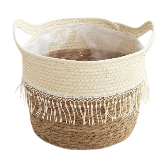 PATLOLLAV Bohemian Style Cotton Rope Plant Basket with Plastic Liner Rustic Plant Basket Planters Modern Woven Plant Basket Decorative Pots for Flower,10x8.7x8.7 Inches