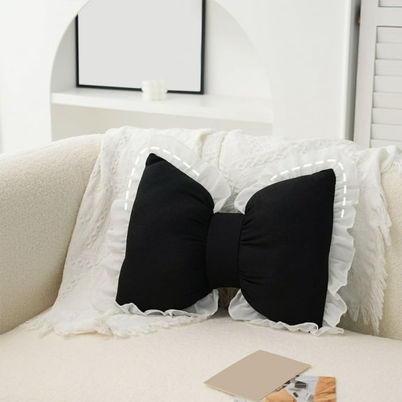 PATLOLLAV Bow Pillow Bow Shaped Pillow Decorative,12.6x15.7in Black Bow Pillow Lace Edge Bowknot Throw Pillow, Cute Bow Shaped Pillows for Sofa Couch Bed Living Room Bedroom