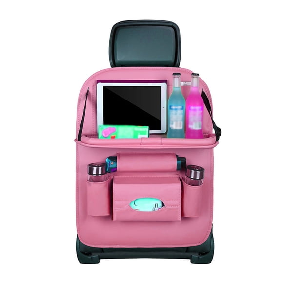 PATLOLLAV Car Backseat Organizer with Tray,Seat Back Table Holder with 6 Storage Pockets,Car Seat Back Protectors Kick Mats Travel Accessories,Leather Storage Bag Folding Dining Table Decor