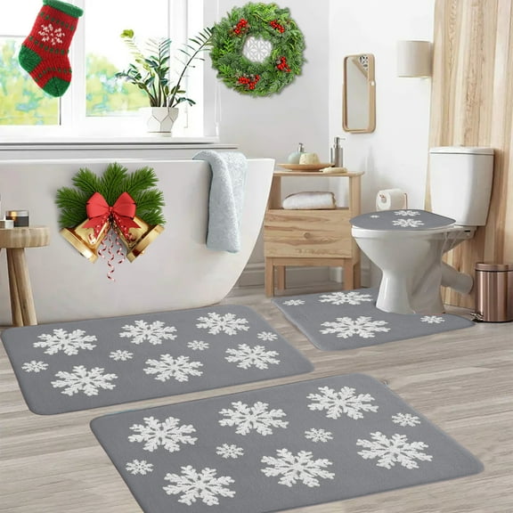PATLOLLAV Christmas Bathroom Rugs Sets,3 Piece Red Snowflake Pattern Bathroom Shower Rugs with U-Shaped Contour Toilet Mat Absorbent Plush Bath Mats Non Slip Bath Rugs,6x24in,16x20in,15x17in