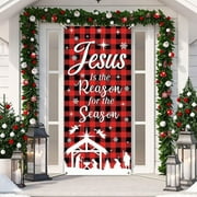 PATLOLLAV Christmas Nativity Door Cover Jesus is The Reason for The Season Christmas Door Decorations Banner Holy Religious Red Black Buffalo Plaid Porch Sign Backdrop Background,79×36 Inch