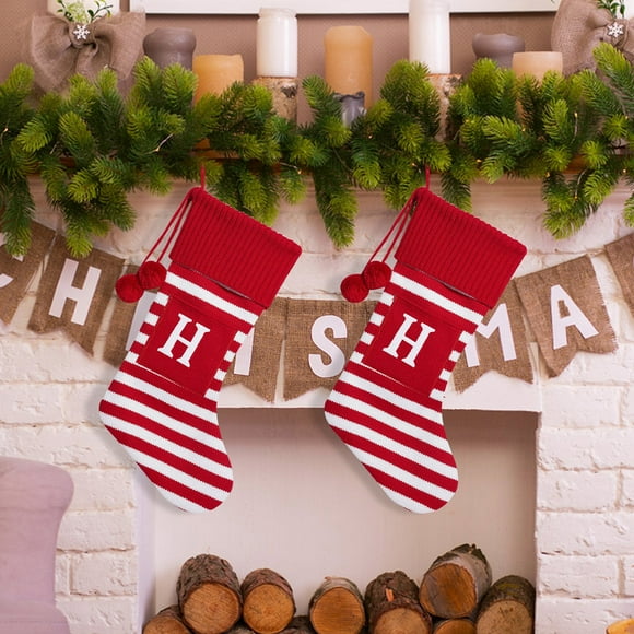 PATLOLLAV Christmas Tree Hanging Ornament Stripe Letter Socking,Christmas Red and White Stripe Knitting Stocking Striped Christmas Decorations Stocking for Xmas Tree Fireplace Decor