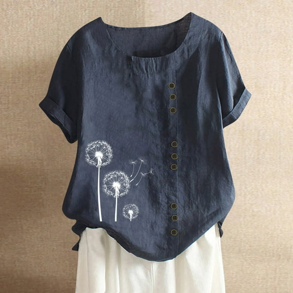 PATLOLLAV Woman Short Sleeve Blouse T-Shirt Rounk Neck Button Printed Loose Tops