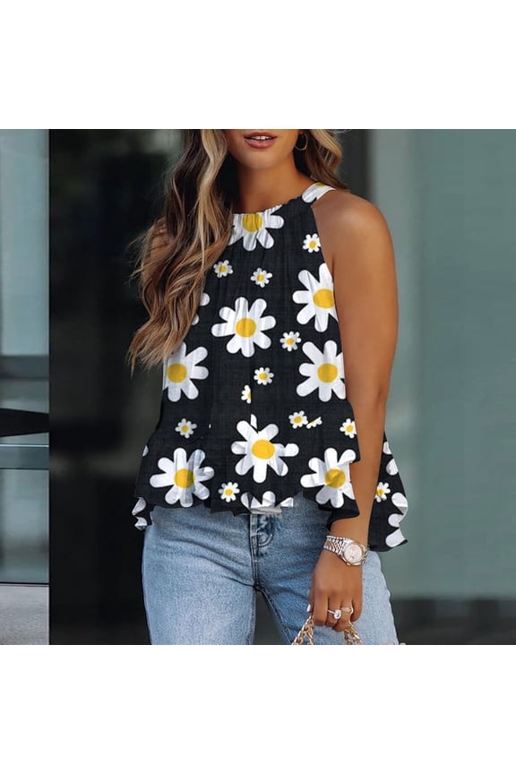 Womens Blouses,Ladies Women Print Halter O-Neck Tank Sleeveless Casual Tee Tops Blouse