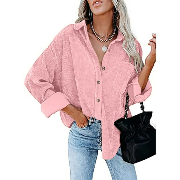 PATLOLLAV Womens Corduroy Buttoned Cardigan Long Sleeve Lapel Loose Padded Shirt Tops