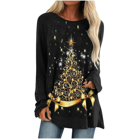 PATLOLLAV Womens Long Sleeve Floral Casual Shirts Solid O-Neck Pullover Loose Tunic Tops Christmas Tree Blouse