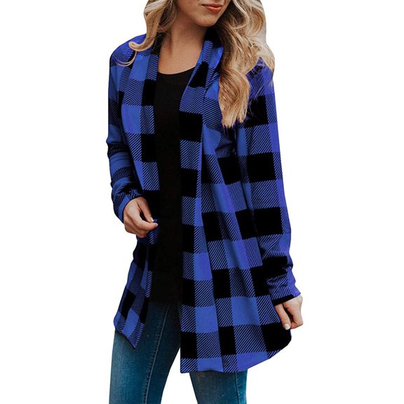 PATLOLLAV Womens Plaid Print Coat Long Sleeve Cardigan Outerwear Tops