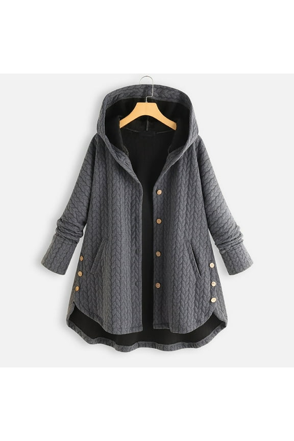 Womens Plus Size Casual Button Pockets High Low Long Sleeve Hooded Coat Tops