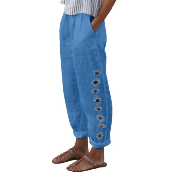 PATLOLLAV Womens Summer Casual Loose Cotton and Linen Pocket Print Trousers Pants