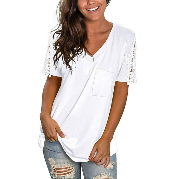PATLOLLAV Womens Tops,Women Lace Short Sleeve V-Neck T-Shirts Loose Casual Summer Tee Tops