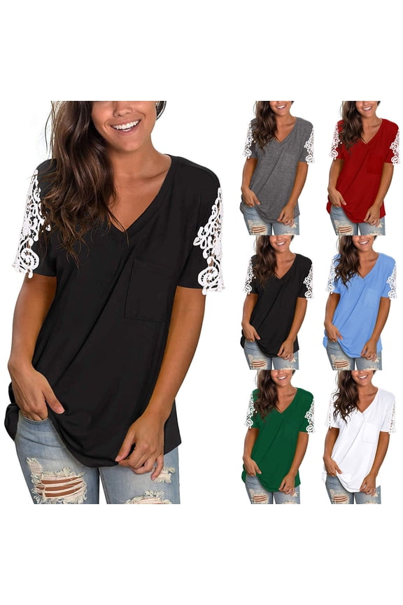 Womens Tops,Women Lace Short Sleeve V-Neck T-Shirts Loose Casual Summer Tee Tops