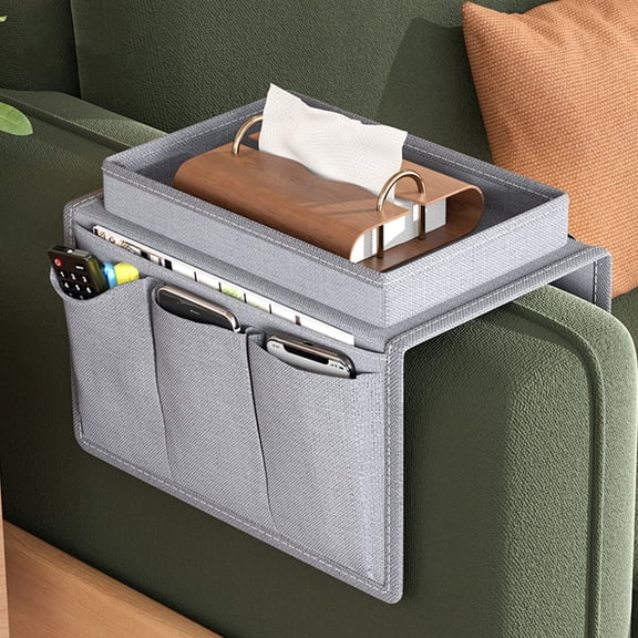 PATLOLLAV Couch Sofa Armrest Organiser Arm Chair Caddy Bedside Storage Pocket with 5 Pockets TV Remote Holder Bed Storage Pocket Bag for Remote Cellphone Tablet Notepad Book Magazines DVD Glasses