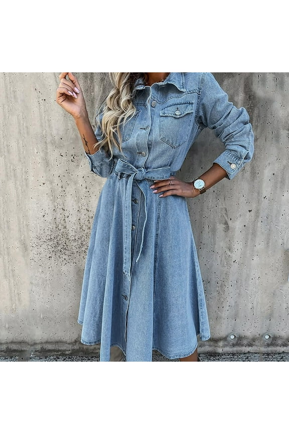Dresses for Women 2022,Women's Spring Autumn Lapel Denim Casual High Waist Pocket Button Lace Up Dress