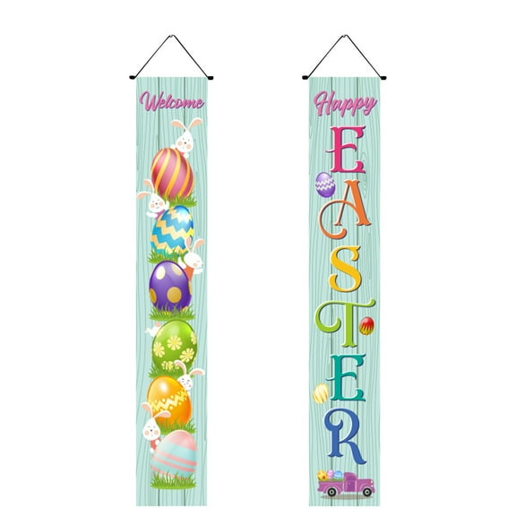 PATLOLLAV Easter Decorations Banner Door Sign Hanging Banners Easter Bunny Eggs Flowers Happy Easter Seasonal Holiday Easter Party Decorations for Indoor Outdoor Garden,Yard,Porch