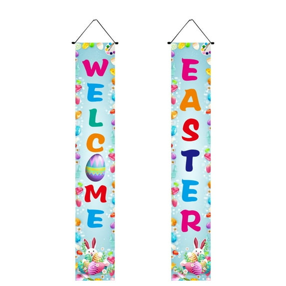 PATLOLLAV Easter Porch Sign Happy Easter Hanging Banners Cartoon Rabbit Bunny Egg Door Sign Colorful Easter Spring Door Banner for Indoor Outdoor Home Party Wall Decoration, 12 x 72 Inch