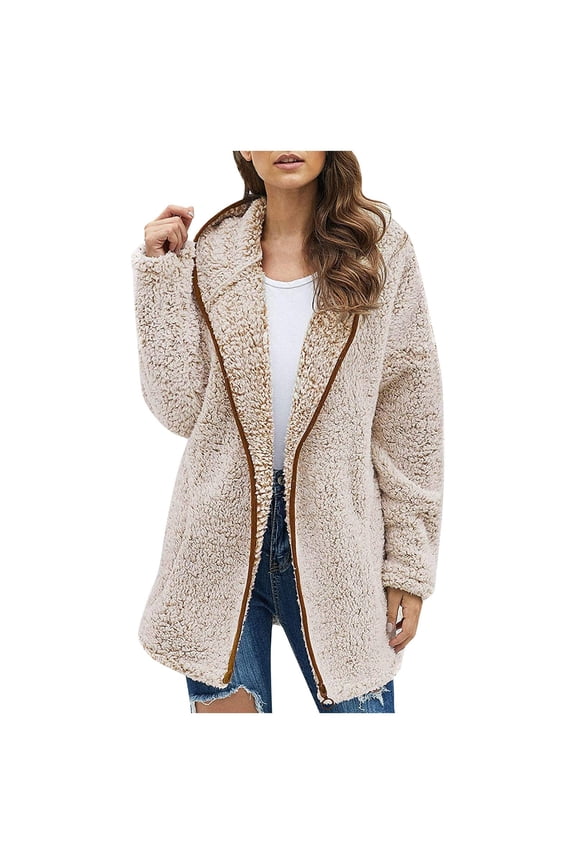 Fall Clothes for Women 2022,Womens Fuzzy Plush Solid Color Jacket Lapel Pockets Long Sleeve Open Stitch Outerwear Coat Beige L
