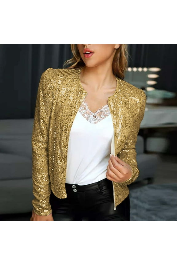 Fall Clothes for Women,Womens Open Front Sequin Jacket Long Sleeve Short Blazer Casual Coat Tops Gold L