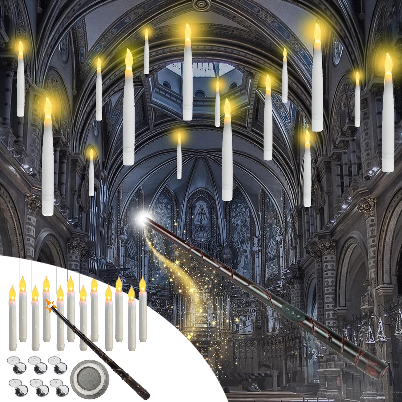 PATLOLLAV Floating Candles with Wand,12 Pcs Magic Hanging Candles,Flameless Floating LED Candle with Wand Remote,Battery Operated Flickering Warm Light Candles for Halloween Birthday Theme Party