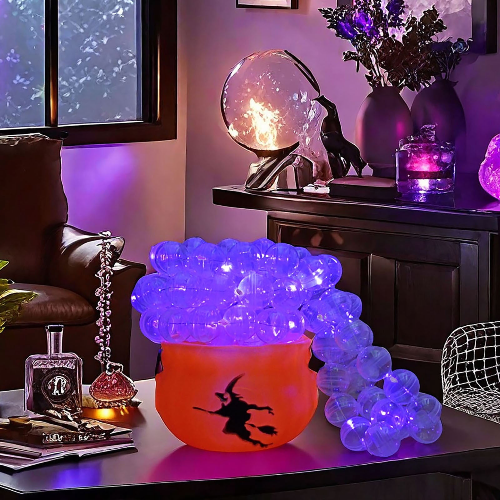 PATLOLLAV Halloween Decorations Witch Bubbling Cauldron Set,Easy DIY Glowing Bubble Witch's Cauldron,Bubbling Cauldron with Clear Ornaments,Included String,Witch Jar,80 Pcs Clear Round Ball