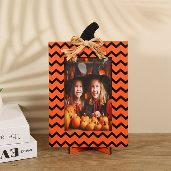PATLOLLAV Halloween Pumpkin Frame Ornament,Halloween Village Photo Frame Perfect for 10x 6 Inches Photo, Orange Wood Halloween Photo Picture Frame for Kids Costume Photos,Fall Supplies