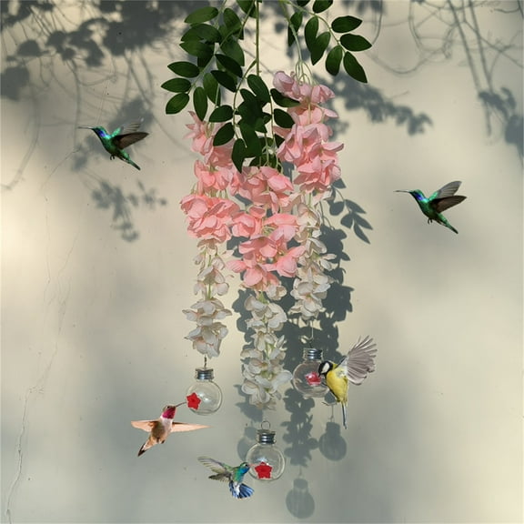 PATLOLLAV Hanging Faux Wisteria Flower Bird Feeders for Outdoors, Wind Chime Hummingbird Feeder, Artificial Wisteria Flower with 3 Hummingbird Feeder Pots, Window Bird feeders for Garden Decor