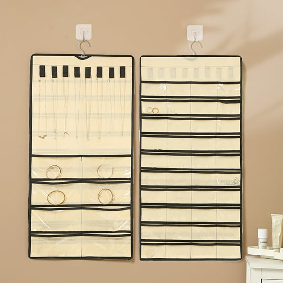 PATLOLLAV Hanging Jewelry Organizer Storage Roll with Hanger Metal Hooks 48 Jewelry Bags Double-Sided Jewelry Holder for Earrings, Necklaces, Rings on Closet, Wall, Door, 1 piece