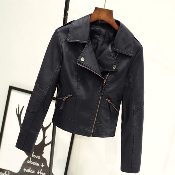 PATLOLLAV Jacket for Women,Women's Zipper Solid Long Sleeve Leather Jacket Coat Outwear