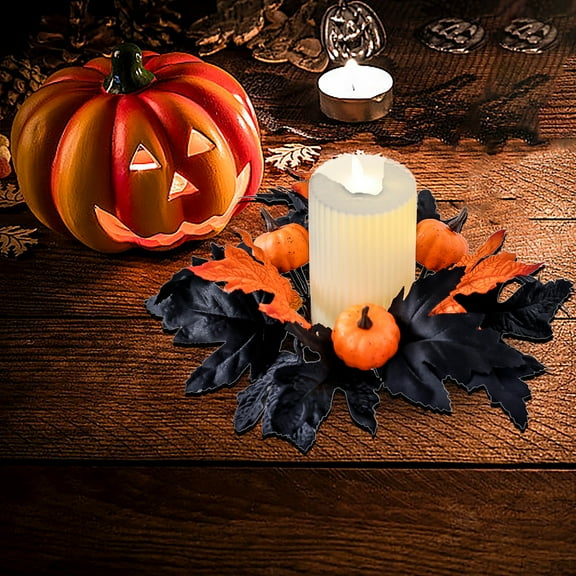 PATLOLLAV Orange Halloween Fall Wreath for Mantle with Lights,3 Inch Artificial Pumpkins and Maple Leaves Wreath Decorations for Table Centerpiece Front Door Indoor Stair Party Holiday Decor