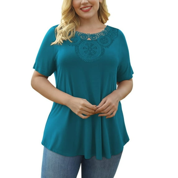 PATLOLLAV Plus Size Short Sleeve Tops,Womens Round Neck Solid Casual Shirts Lace Patchwork Blouses