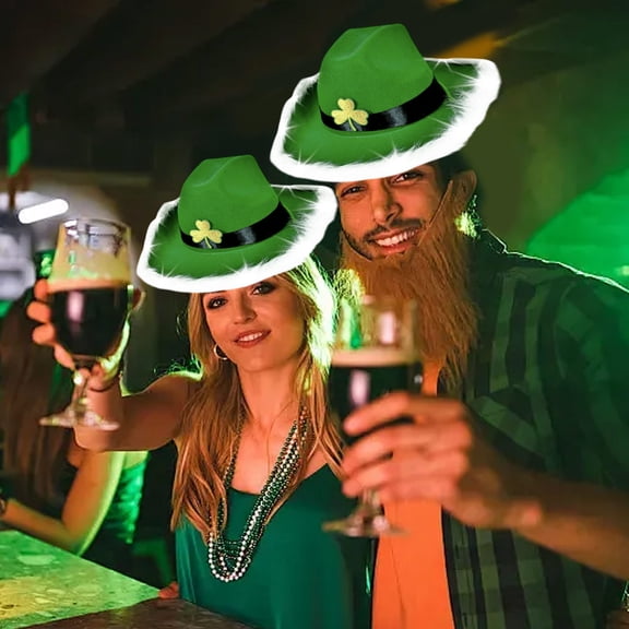 PATLOLLAV St. Patrick's Day Velvet Border Illuminate Hat Leprechaun Dress Up Party Performance Props Green Hat Irish Shamrocks Holiday Accessories