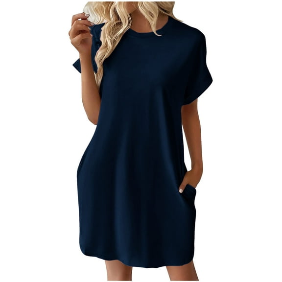 PATLOLLAV Summer Dresses for Women's Fashion Casual Solid Round Neck Short Sleeve Pocket Dress