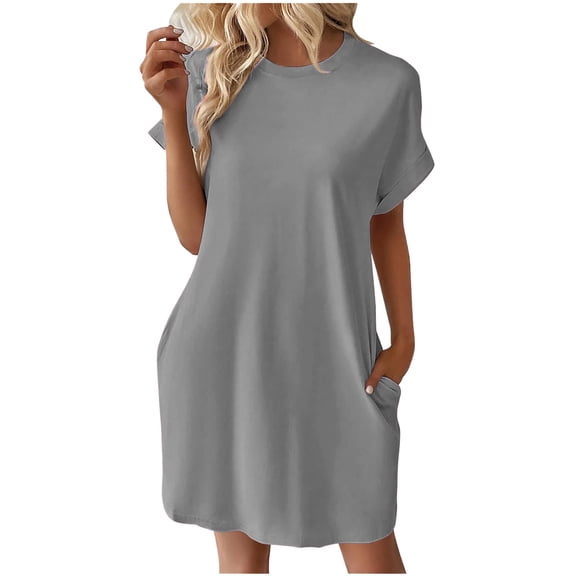 PATLOLLAV Summer Dresses for Women's Fashion Casual Solid Round Neck Short Sleeve Pocket Dress