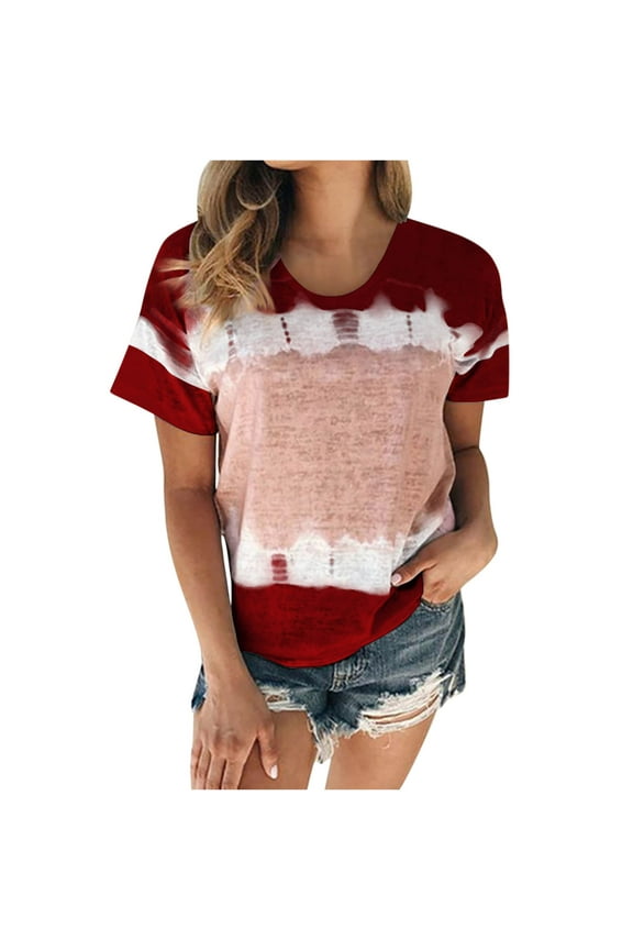 Summer Ladies Tops Womens Loose Blouse Tiy-Dye Print Round Neck Tshirt Print Tops
