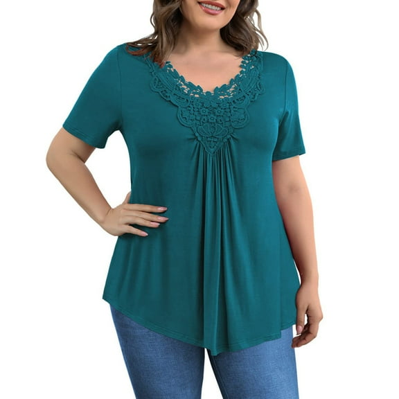 PATLOLLAV Summer T-shirt Plus Size Womens Short Sleeve Solid Lace Splicing V-Neck Tops