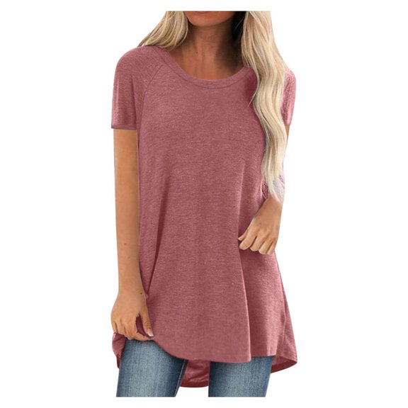 PATLOLLAV Summer T-shirt Womens Plus Size Fashion Round Neck Short Sleeve Long Blouse