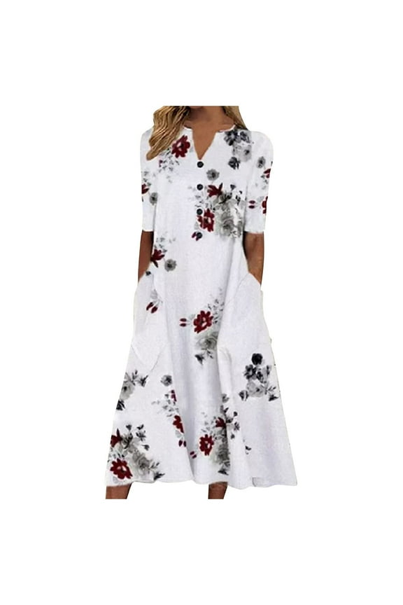 Summer Womens Dresses Ladies V-Neck Short Sleeve Print Dress with Pocket