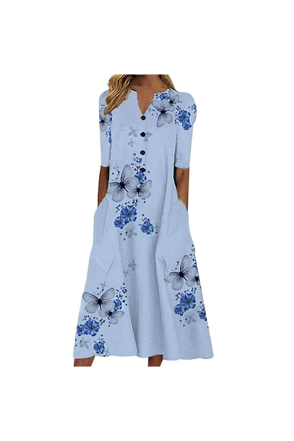 Summer Womens Dresses Loose Butterfly Print V-Neck Half Sleeve Pockets Long Dress