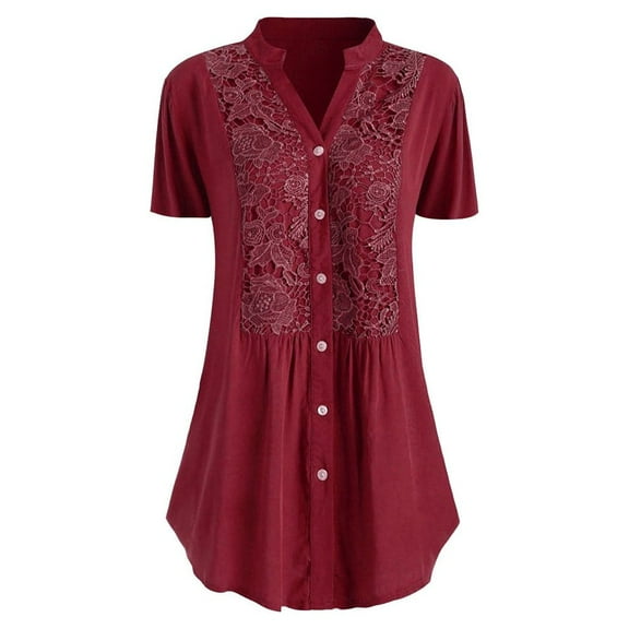 PATLOLLAV Summer Womens Plus Size Shirts Casual Lace Solid Short Sleeve V-Neck Blouse Tops